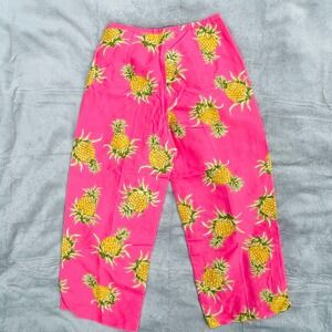 Pink Pineapple Print Silk Pants Tropical Vintage‎ Y2K Resort Wide Leg Size 6